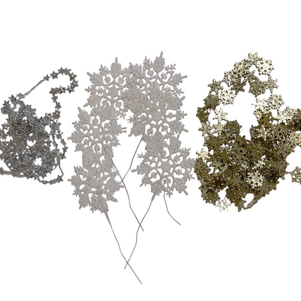 Christmas Home Decor Garland and Snowflake Picks White Silver Gold